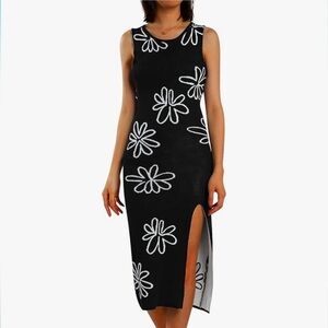 Black and White Sheath Midi Dress with Halter Neckline